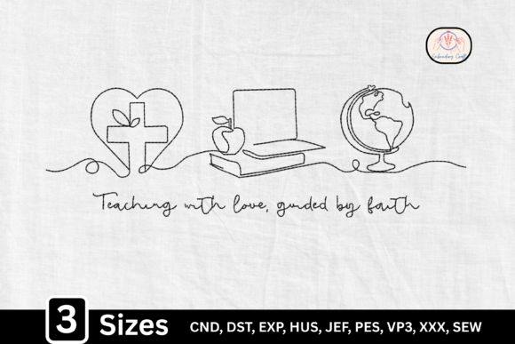 Line Art Heart Cross Christian Teacher Embroidery Design